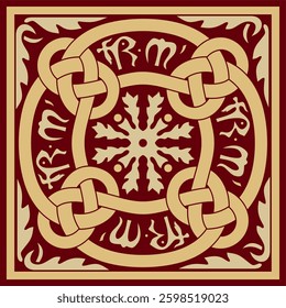 Vector red floral square ornament. Patterns of the peoples of Europe. Greek and Roman stencil.