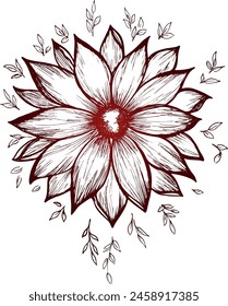 Vector red flower drawing . Color illustration of flowers in the style of line art.