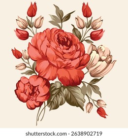 vector red flower full color pattern on of white