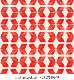 Vector red flowers geometric ecru seamless pattern
