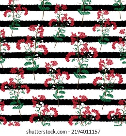 Vector red flowers tress branches on artistic black white grungy stripes seamless pattern background. Great for fabric print, textile, packaging, covers, walls and more