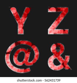 Vector red font illuminated with reflection effect on black background - set 7. Capital initial letter Y, Z, At, Ampersand, for monograms and logos. Glittering style alphabet.
