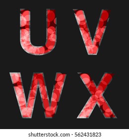 Vector red font illuminated with reflection effect on black background - set 6. Capital initial letter U, V, W, X, for monograms and logos. Glittering style alphabet.
