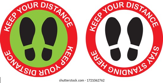 Vector red footprint with text keeping your distance, 1 m social distance for the printed floor. The concept of social distance. protection from Covid-19, an illustration of the spread of Coronavirus