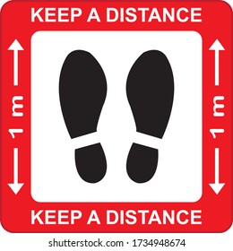 Vector red footprint with text keeping your distance, 1 m social distance for the printed floor. The concept of social distance. protection from Covid-19, an illustration of the spread of Coronavirus