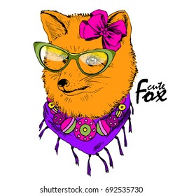 Vector red fox with glasses and bow. Hand drawn illustration of dressed fox.