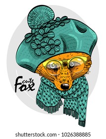 Vector red fox with glasses, green scarf and  knitted hat. Fox in a knitted hat. Hand drawn illustration of dressed fox.