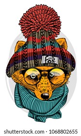 Vector red fox with glasses, knitted scarf and  knitted hat. Hand drawn illustration of dressed fox.