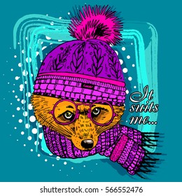 Vector red fox with glasses. Fox in a knitted hat. Hand drawn illustration of dressed fox.
