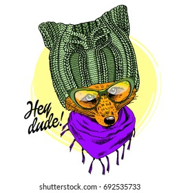 Vector red fox with glasses and knitted hat. Hand drawn illustration of dressed fox.