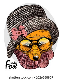 Vector red fox with glasses, scarf and  knitted hat. Fox in a knitted hat. Hand drawn illustration of dressed fox.