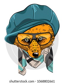 Vector red fox with glasses, scarf and blue cap. Fox in a hat. Hand drawn illustration of dressed fox.