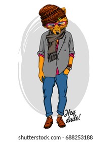 Vector red fox with red glasses, scarf and knitted hat. Hand drawn illustration of dressed fox 