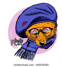 Vector red fox with glasses, scarf and blue beret. Fox in a knitted hat. Hand drawn illustration of dressed fox.