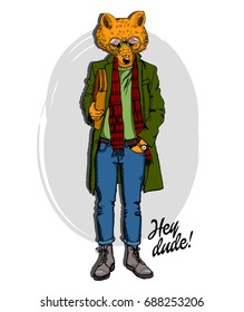 Vector red fox with green glasses and red scarf. Hand drawn illustration of dressed fox 