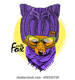 Vector red fox with green glasses and knitted hat. Hand drawn illustration of dressed fox.