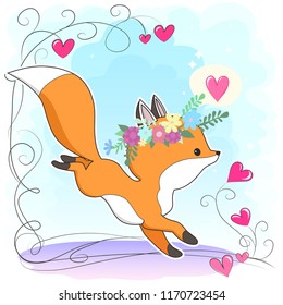 Vector red fox hand drawn cartoon  illustration. It can be used for baby t-shirt design, fashion print, cards, design element for children's clothes. Cute animal character