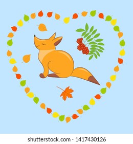 Vector red fox in the heart of colorful autumn leaves on blue background