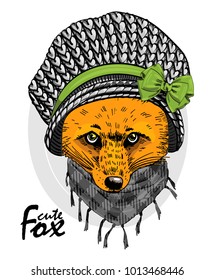 Vector red fox with knitted hat. Hand drawn illustration of dressed fox.