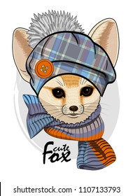 Vector red fox with knitted hat and knitted scarf. Hand drawn illustration of dressed fennec fox.
