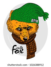 Vector red fox with scarf and green knitted hat. Fox in a knitted hat. Hand drawn illustration of dressed fox.