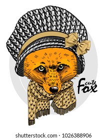 Vector red fox with scarf and grey knitted hat. Fox in a knitted hat. Hand drawn illustration of dressed fox.