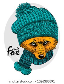 Vector red fox with scarf and knitted hat. Fox in a knitted hat. Hand drawn illustration of dressed fox.