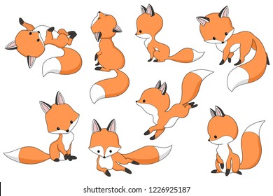 Vector red fox set. Cute cartoon animal collection isolated on white