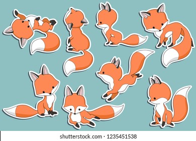 Vector red fox sticker set. Cute cartoon animal collection