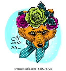 Vector red fox with wreath. Hand drawn illustration of dressed fox.