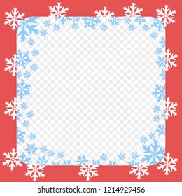 Vector red frame pattern. Christmas and New year with white and blue snowflakes. Transparent isolated background.