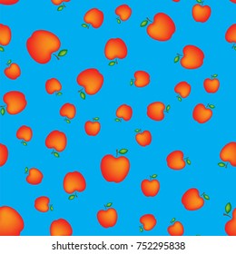 Vector Red Fresh Apple Seamless Pattern on Blue Background