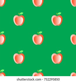Vector Red Fresh Apple Seamless Pattern on Green Background