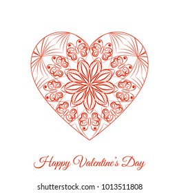 Vector Red Fretwork Floral Heart. Happy Valentines Day Holiday