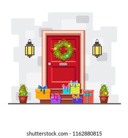 Vector red front door with lots of different presents, lights and a wreath. Collection of bright cartoon gifts. Holiday boxes with bows, stripes and spots in front of an entrance. Christmas surprise