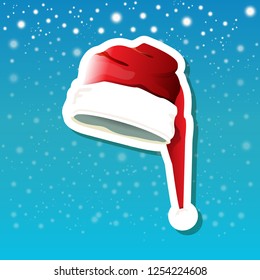 vector red funky Santa Claus hat sticker icon or label isolated on blue background with stars and christmas lights. merry christmas design element for banners and geeting cards