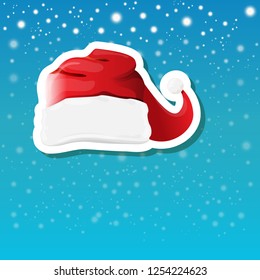 vector red funky Santa Claus hat sticker icon or label isolated on blue background with stars and christmas lights. merry christmas design element for banners and geeting cards