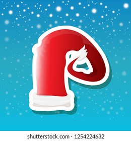 vector red funky Santa Claus hat sticker icon or label isolated on blue background with stars and christmas lights. merry christmas design element for banners and geeting cards