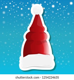 vector red funky Santa Claus hat sticker icon or label isolated on blue background with stars and christmas lights. merry christmas design element for banners and geeting cards
