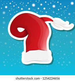 vector red funky Santa Claus hat sticker icon or label isolated on blue background with stars and christmas lights. merry christmas design element for banners and geeting cards