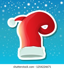 vector red funky Santa Claus hat sticker icon or label isolated on blue background with stars and christmas lights. merry christmas design element for banners and geeting cards