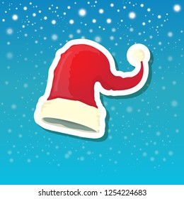 vector red funky Santa Claus hat sticker icon or label isolated on blue background with stars and christmas lights. merry christmas design element for banners and geeting cards