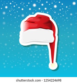 vector red funky Santa Claus hat sticker icon or label isolated on blue background with stars and christmas lights. merry christmas design element for banners and geeting cards