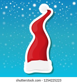 vector red funky Santa Claus hat sticker icon or label isolated on blue background with stars and christmas lights. merry christmas design element for banners and geeting cards