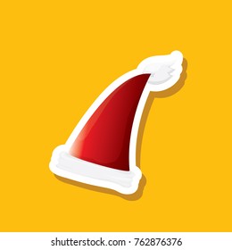 vector red funky Santa Claus hat sticker icon or label isolated on orange background. merry christmas design element for banners and geeting cards