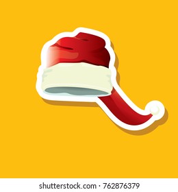 vector red funky Santa Claus hat sticker icon or label isolated on orange background. merry christmas design element for banners and geeting cards