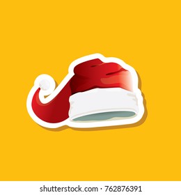vector red funky Santa Claus hat sticker icon or label isolated on orange background. merry christmas design element for banners and geeting cards