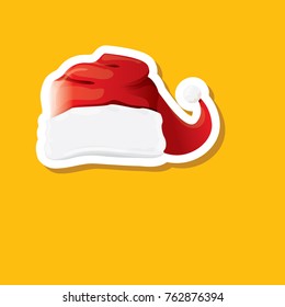 vector red funky Santa Claus hat sticker icon or label isolated on orange background. merry christmas design element for banners and geeting cards