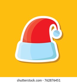 vector red funky Santa Claus hat sticker icon or label isolated on orange background. merry christmas design element for banners and geeting cards
