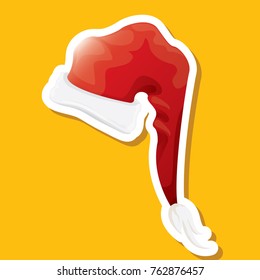 vector red funky Santa Claus hat sticker icon or label isolated on orange background. merry christmas design element for banners and geeting cards